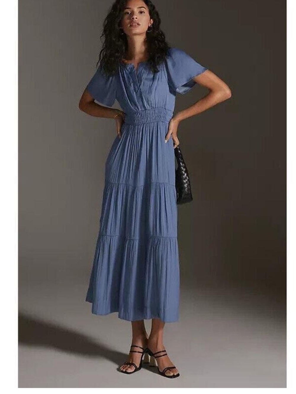 Anthropologie Sommerset Dusty Blue Tiered Maxi Dress with Flutter Sleeves M - Picture 2 of 9